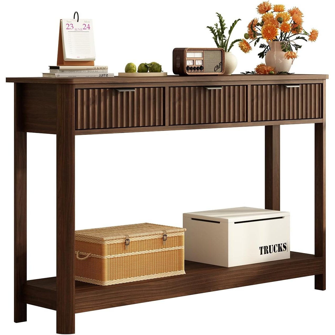 Desk Setup Minimalist - Geriffelte Holz-Konsolentisch mit 3 Schubladen, 47,2